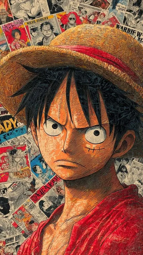 Ảnh nền cận mặt Luffy đội mũ rơm, ánh nhìn cứng cáp, tông ấm cho màn hình dọc.