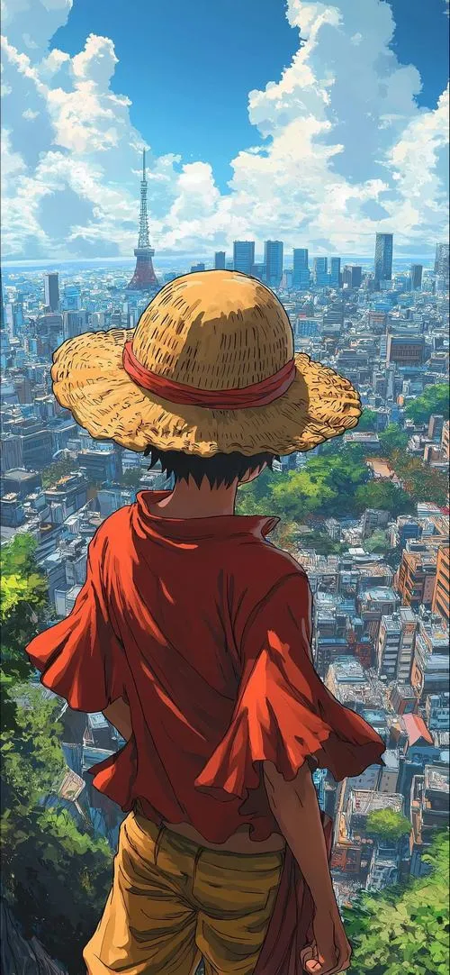 Hình nền Luffy nhìn thành phố từ xa, trời xanh sáng, kiểu yên bình cho ngày nhẹ.