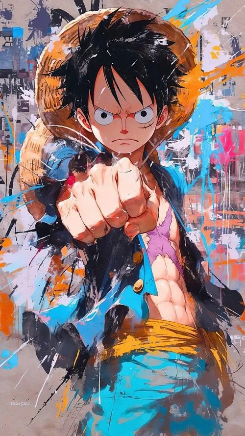 Ảnh 4K Luffy tung cú đấm, nền xanh lạnh, nét vẽ mạnh tay, hợp đặt làm avatar.