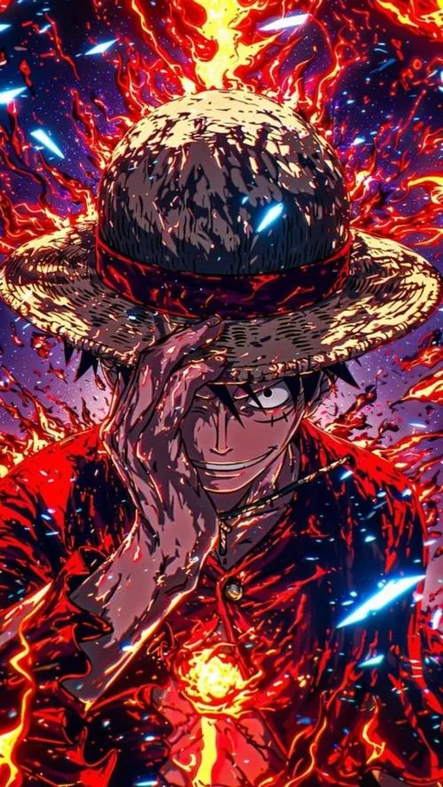 Hình ngầu Luffy giữa lửa đỏ và tia sáng, cảm giác áp đảo như Bá vương bùng lên.