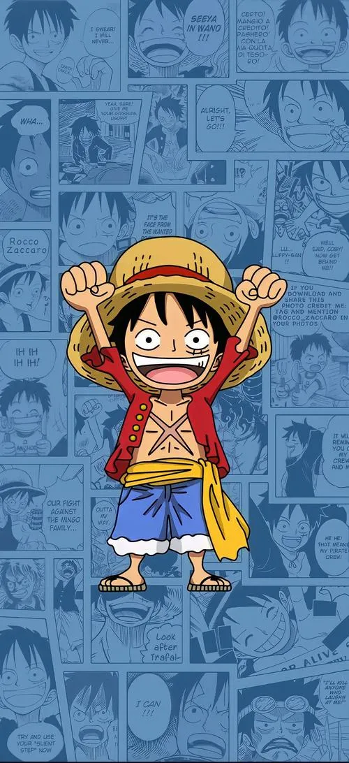 Hình nền tối giản Luffy cười giơ tay, nền họa tiết manga, gọn gàng mà vẫn có điểm.