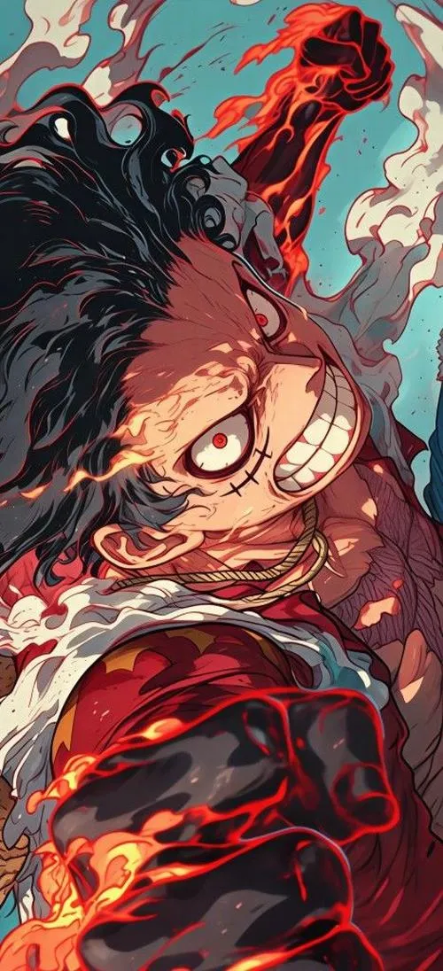 Hình fanart cận mặt Luffy với aura đỏ đen, mắt sắc, hợp ai thích vibe chiến trường.
