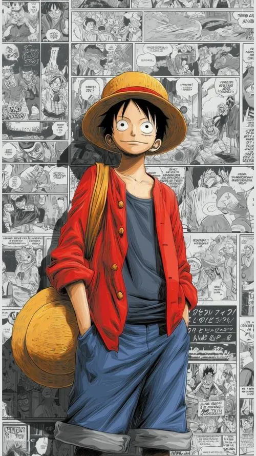 Hình Luffy đứng trước nền xám collage, mũ rơm cầm tay, hợp ảnh bìa kiểu cổ điển.