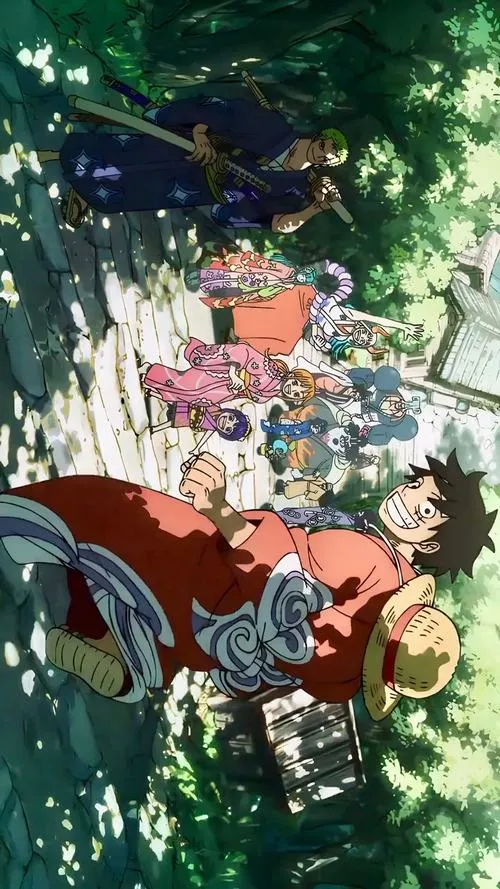 Ảnh anime Luffy ngủ dưới tán cây rừng, ánh nắng lọc lá, cảm giác bình yên dễ chịu.