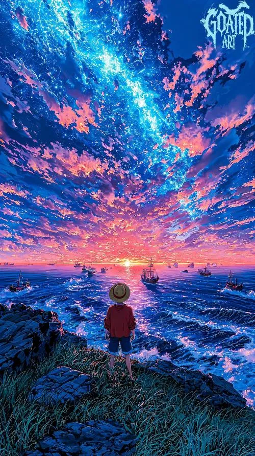 Hình phong cảnh trời sao tím xanh, dáng Luffy nhỏ giữa con đường, cảm giác phiêu lưu yên.