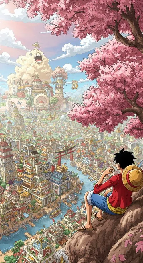 Hình đẹp Luffy ngồi ngắm thành phố dưới hoa anh đào, màu hồng nhẹ mà vẫn có khí.