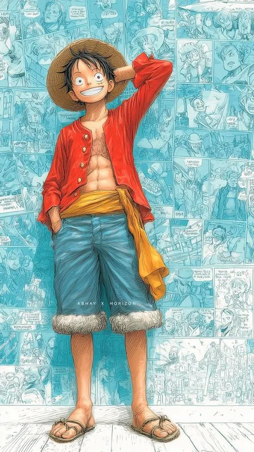 Ảnh anime Luffy tựa tường xanh, tay gãi đầu, vibe trẻ con nhưng nhìn vẫn ngầu.