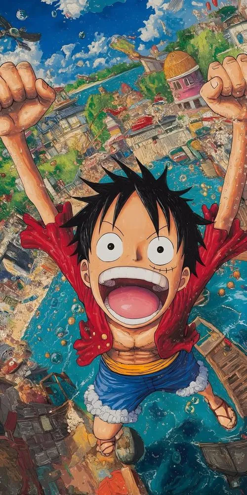 Ảnh fanart Luffy hét lớn giơ tay, nền rực rỡ, hợp làm avatar tạo năng lượng mạnh.