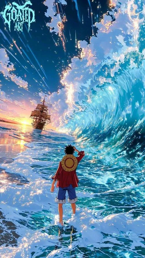 Hình nền biển xanh bùng sóng, Luffy quay lưng nhìn xa, hiệu ứng nước cuốn rất đã.
