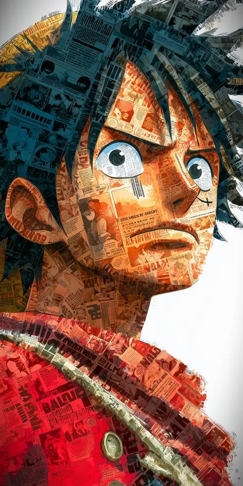 Ảnh cận mặt Luffy bám bụi, ánh mắt quyết chiến, tương phản cao hợp giao diện tối.