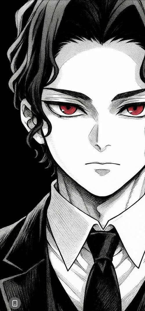 Hình Muzan trắng đen, mắt đỏ lạnh, vest chỉnh tề, thần thái uy áp giữa nền tối.