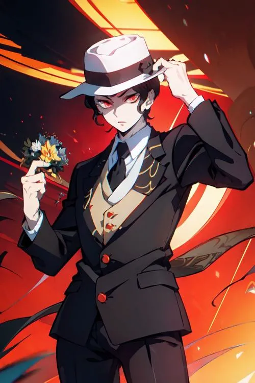 Ảnh Muzan đội mũ trắng, nền cam cháy, tay nâng mũ, phong thái sang và nguy hiểm.