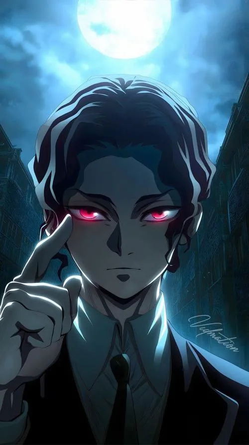 Ảnh Fanart Muzan dưới ánh trăng xanh, mắt đỏ phát sáng, bầu không khí nghẹt thở.