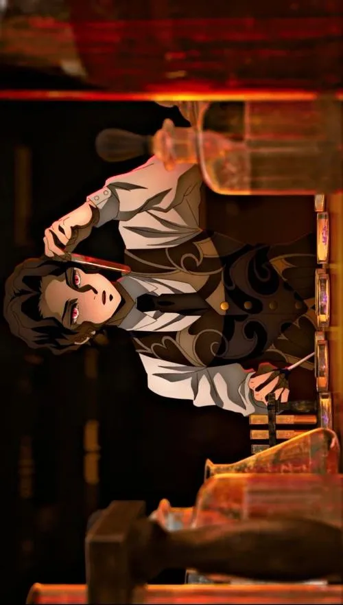 Ảnh ngầu Muzan nằm nghiêng trong ánh đỏ, bóng tối dày, cảm giác hồi phục sau bạo lực.