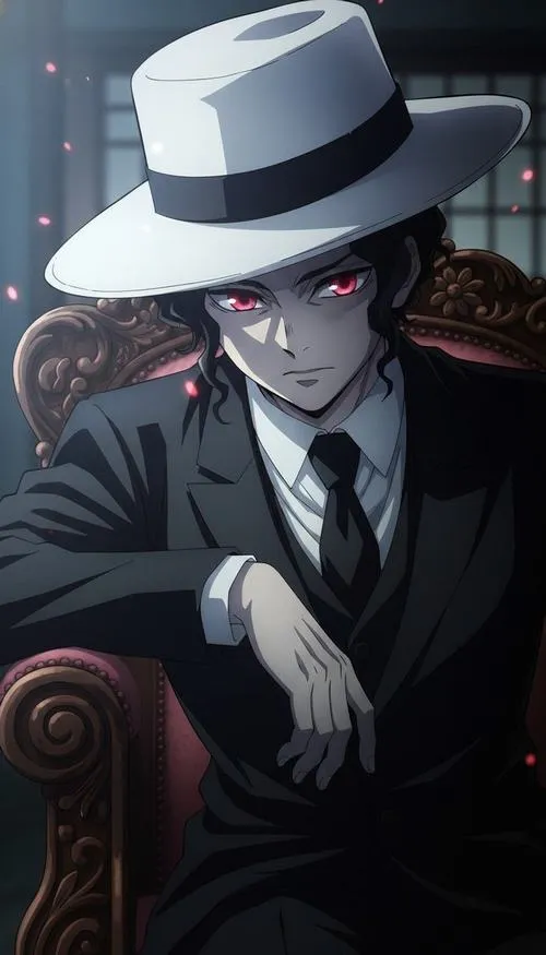 Hình anime Muzan ngồi ghế tối, mũ trắng che nửa mặt, ánh nhìn soi xét đầy áp lực.