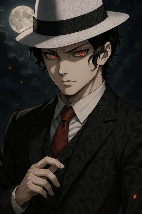 Ảnh Muzan phong cách cổ điển, mũ fedora và cà vạt, vẻ sang lạnh như dao giấu kín.