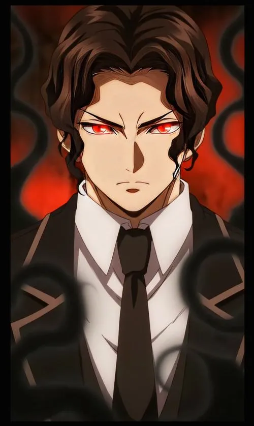 Hình nền Muzan đứng thẳng, nền đỏ lửa, ánh mắt trống rỗng, uy áp phủ kín khung hình.