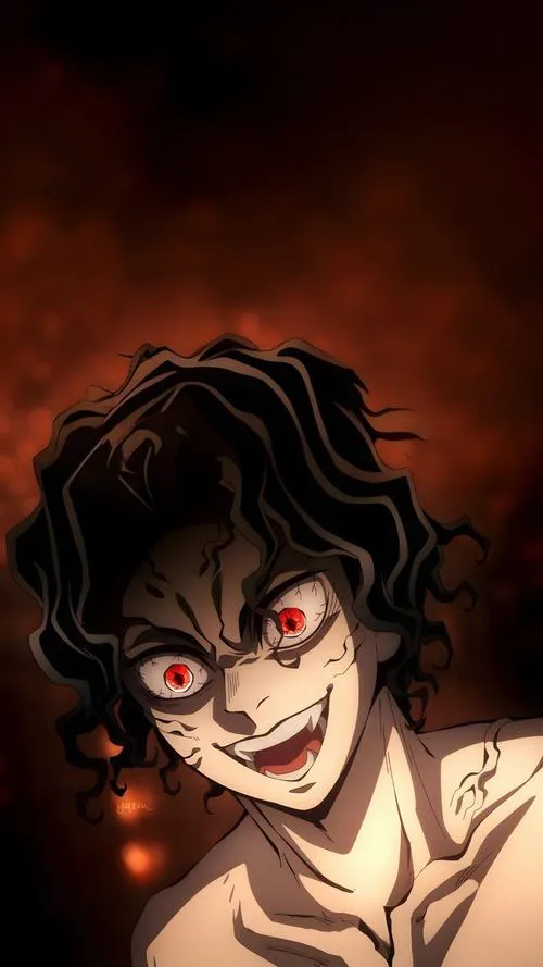 Ảnh Fanart Muzan tóc rối, mắt đỏ điên dại, bối cảnh cháy sẫm, cảm giác mất kiểm soát.
