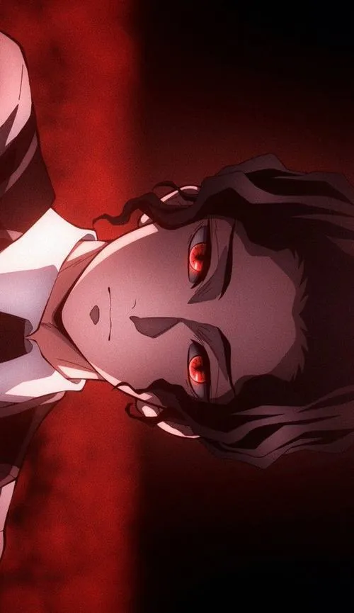 Ảnh 4K gương mặt Muzan nghiêng đỏ thẫm, vệt máu loang, vẻ bình thản khiến lạnh sống lưng.