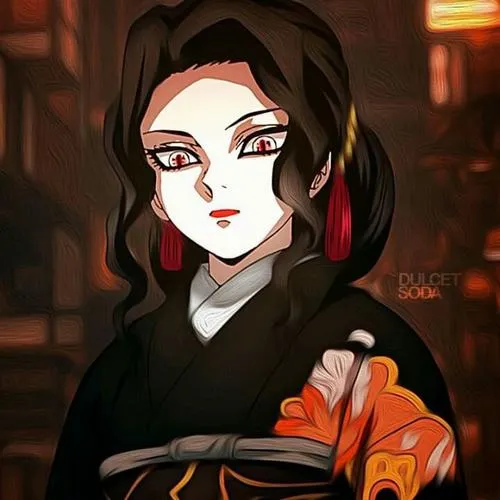 Hình anime Muzan giả dạng nữ, kimono tối và tóc gọn, nét đẹp lạnh kiểu biến hình ẩn danh.