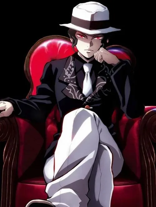Ảnh Muzan ngồi ghế đỏ, chân bắt chéo, nền tối sâu, phong thái Quỷ Vương đầy quyền lực.