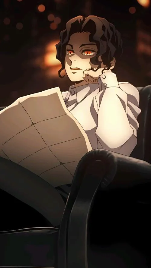 Ảnh Fanart Muzan áo mở cổ, tay chạm ngực, nền vàng tối, dáng mệt nhưng vẫn nguy hiểm.