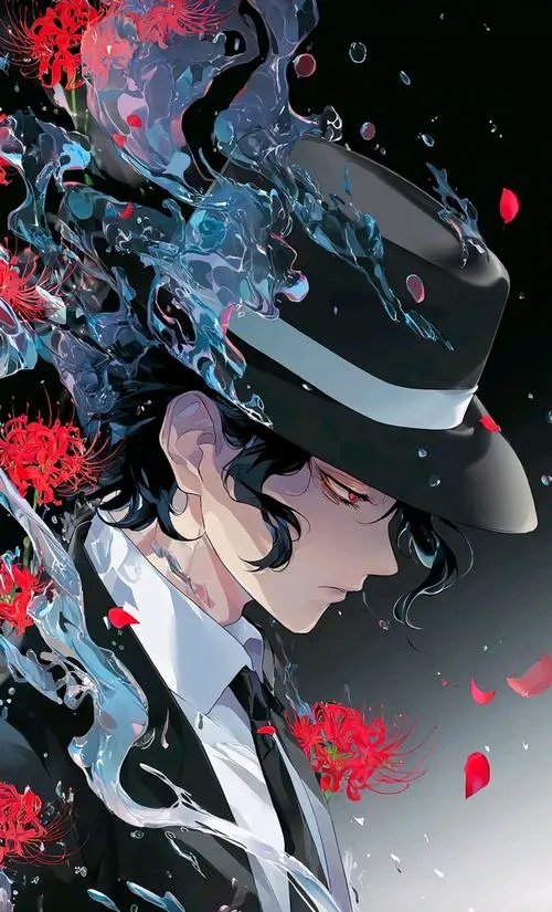 Hình nền Muzan đội mũ, màu loang khói và vệt máu, vibe hỗn loạn như đang biến hình.