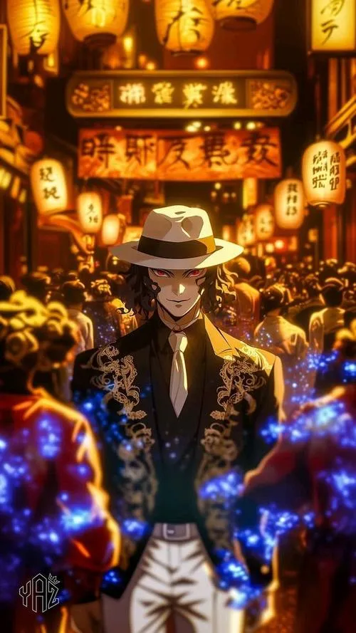 Hình đẹp Muzan giữa ánh vàng rực, phố đêm lấp lánh, khí chất lịch lãm nhưng rợn người.