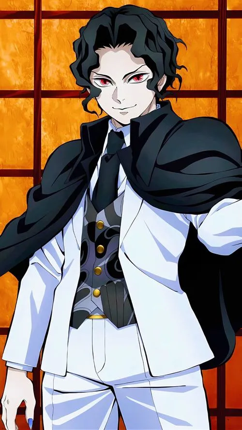 Ảnh ngầu Muzan áo trắng choàng tối, đứng trước khung cửa cam, nhìn thẳng đầy áp chế.