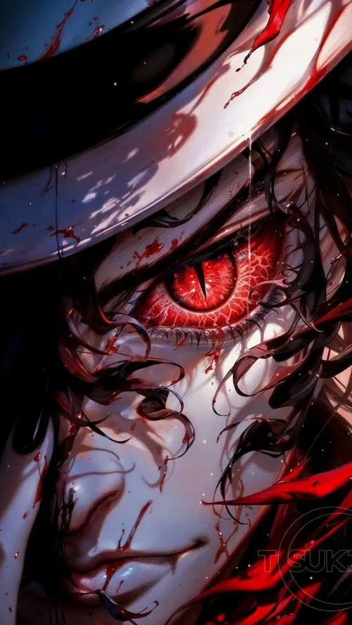 Ảnh 4K cận cảnh mắt quỷ đỏ rực, gân nổi và vệt máu, cảm giác đe dọa sát mặt.