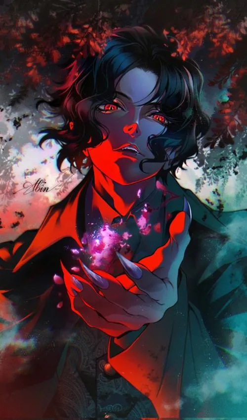 Hình anime Muzan trong nền đỏ xanh xoáy, bóng đêm cuộn lại, nỗi sợ như lan ra.