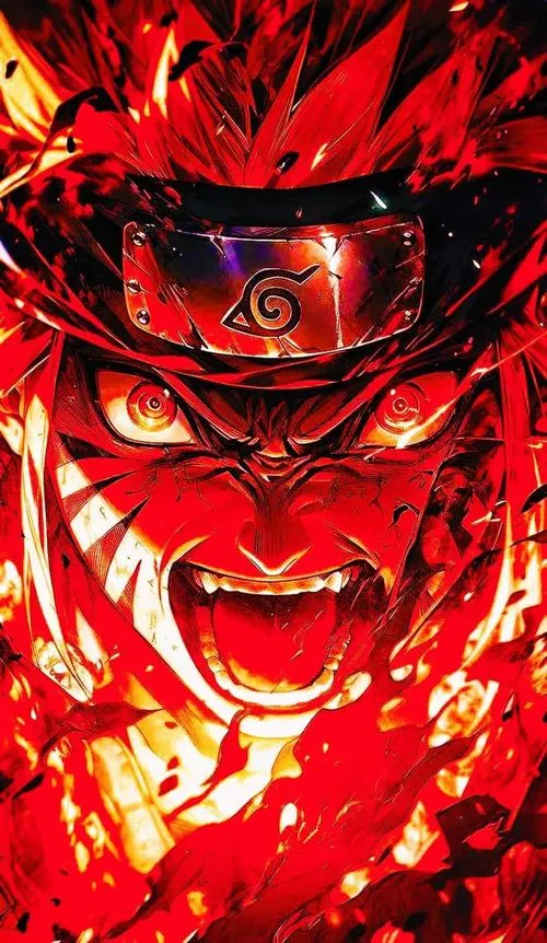 Hình Naruto trong cơn thịnh nộ, mặt Cửu Vĩ đỏ rực, ánh sáng nóng hắt dày đặc.