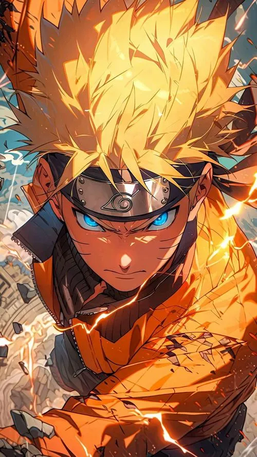 Hình nền Naruto lao tới, áo cam tung bay, nét vẽ sơn dầu làm khung hình rất có lực.