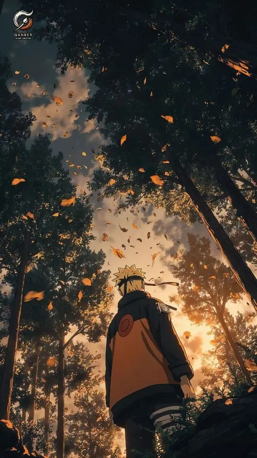 Hình đẹp Naruto bước giữa rừng tối, ánh đốm vàng rơi nhẹ, cảm giác cô độc mà bền.