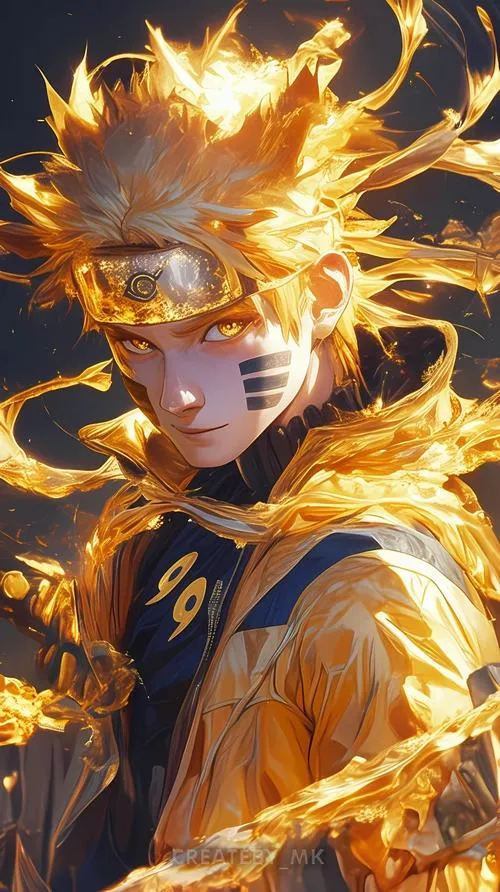 Ảnh 4K Naruto phát sáng như Hiền Nhân Thuật, tia lửa bắn quanh tóc, thần thái rất ngầu.