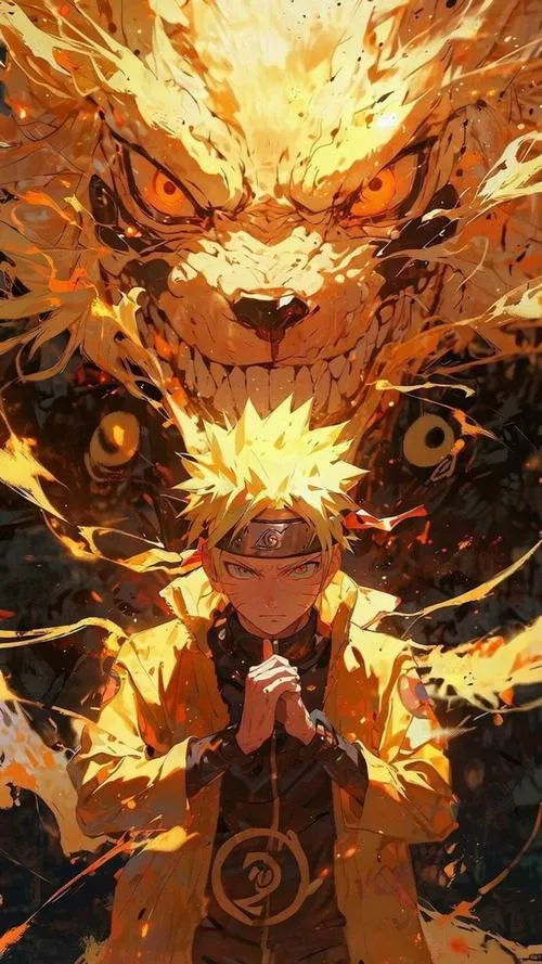 Ảnh bìa Naruto đứng giữa luồng lửa, bóng Kurama phía sau, ánh viền vàng nổi bật.
