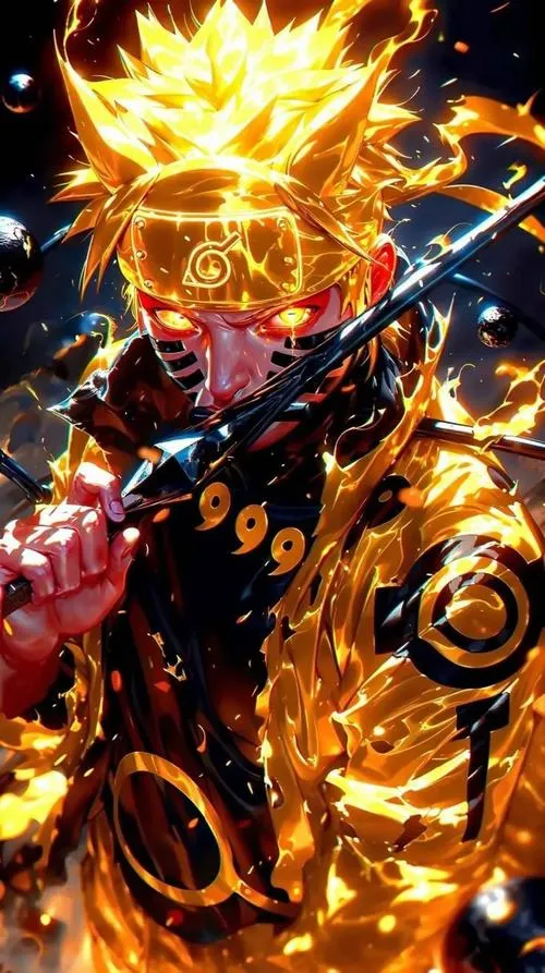 Ảnh nhẫn giả tạo Rasengan phát sáng, vòng xoáy chakra rõ nét, nền lửa vàng tăng độ kịch tính.