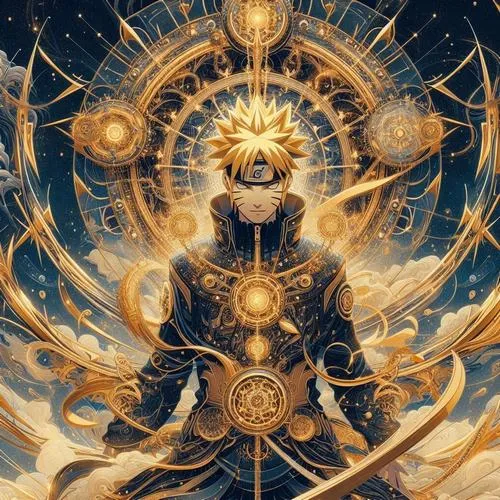 Ảnh Fanart Uzumaki giữa vòng tròn họa tiết cổ, tông vàng trắng, cảm giác như thức tỉnh Lục Đạo.