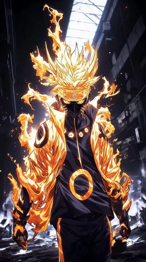 Ảnh ngầu Hiền Nhân Thuật, áo choàng bay nhẹ, chakra viền sáng, đứng thẳng như chuẩn bị ra đòn.