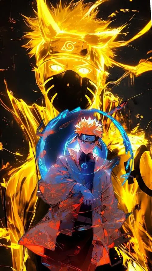 Hình anime bóng nhẫn giả trước Kurama, nền đen sâu, ánh vàng cháy tạo cảm giác áp đảo.