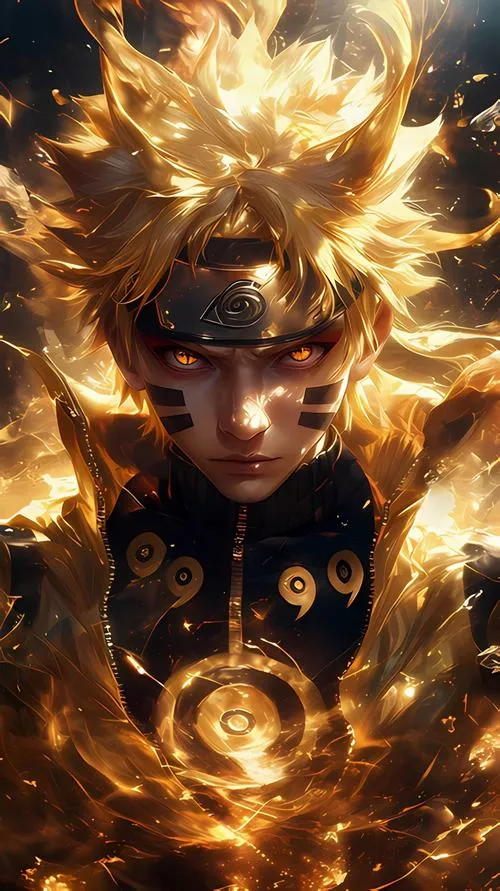 Avatar Naruto tông vàng kim, chakra tròn trước ngực, ánh viền rực tạo cảm giác thần thánh.