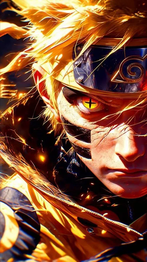 Hình Naruto cận mặt, ánh mắt sắc lạnh, lửa chakra cam quấn quanh băng trán trầy xước.