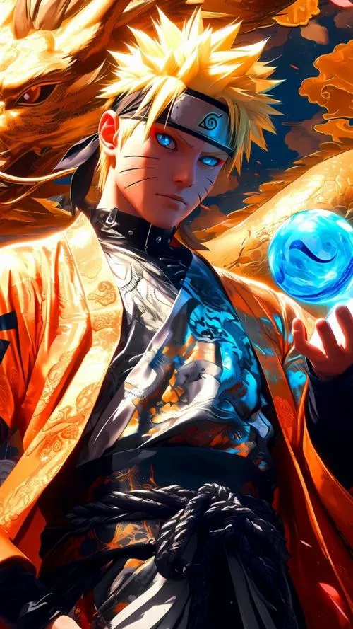 Hình nền Naruto đứng cạnh đối thủ, nền xanh lạnh đối cam nóng, căng thẳng như sắp lao vào trận.