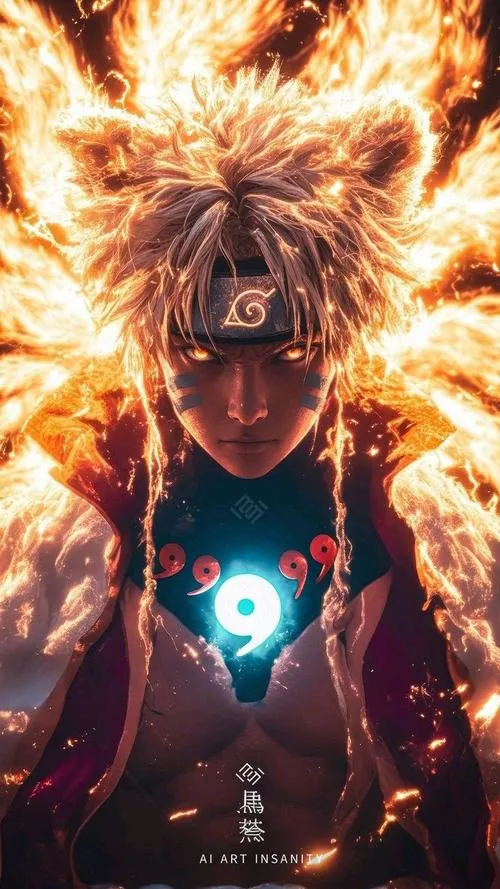 Hình đẹp Naruto cầm Rasengan xanh, áo choàng tung, nền lửa cam làm nổi tư thế ra đòn.