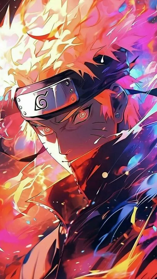 Ảnh 4K Naruto bùng aura vàng, hạt lửa bay dày, gương mặt nghiêm như bước vào trận lớn.