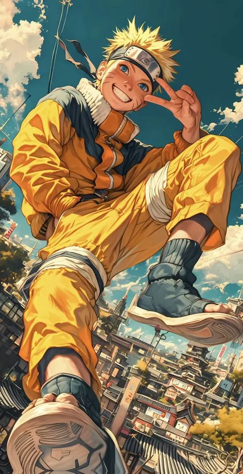 Hình đẹp Naruto ngồi thư giãn, nụ cười nhẹ, nền trời xanh mang vibe bình yên sau trận.