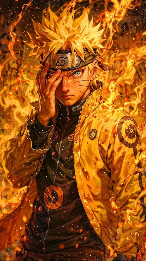 Ảnh ngầu Hokage tương lai khoác áo choàng, chakra rực lửa, thần thái chững chạc và chắc tay.