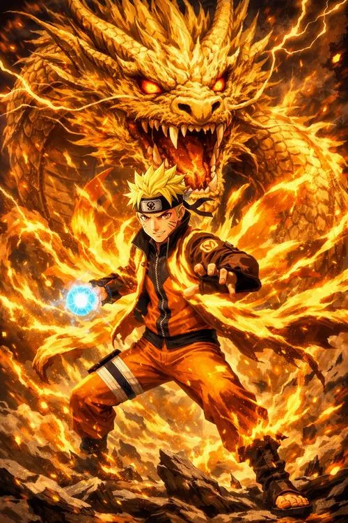 Ảnh 4K Naruto đứng trước Kurama gầm lớn, luồng chakra dày, tông cam cháy cực mạnh.