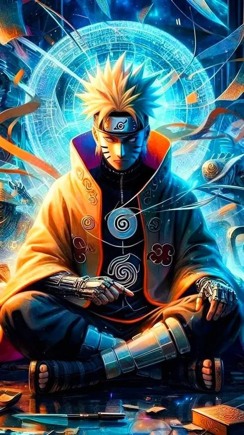 Hình anime ninja thiền định giữa năng lượng xanh, vòng sáng sau lưng tạo cảm giác siêu nhiên.