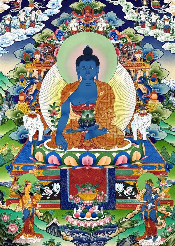 Tải ảnh nền Dược Sư Như Lai với bố cục chính diện trung tâm thật trang nghiêm